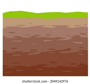 Land in the section. Underground background. Geological layer. Archaeological scenery. Brown ground. Dirt clay and green grass. Vector cartoon