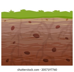Land in the section. Underground background. Geological layer. Archaeological scenery. Brown ground. Dirt clay and green grass. Vector cartoon