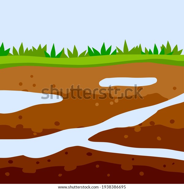 Land in the section. Underground river and\
reservoir. Brown soil layer. Underground geology. Summer landscape.\
Flat cartoon illustration