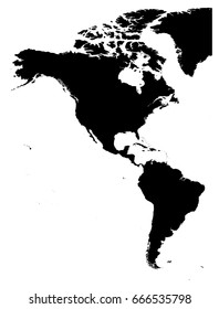 Land silhouette map of Americas, North and South America, isolated on white background. Vector illustration.