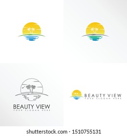land, sun, and tree at afternoon around beach image graphic icon logo design abstract concept vector stock. Can be used as a symbol related to scenery or travel