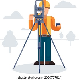 Land survey and civil engineer working with his equipment. Surveyor with theodolite. Flat style modern vector illustration