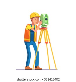 Land survey and civil engineer working with his equipment. Flat style modern vector illustration.