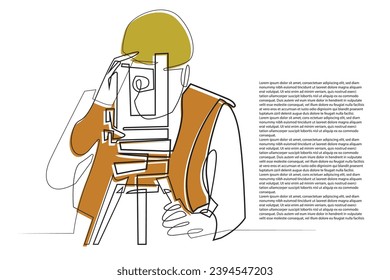 land survey line art.single line vector of land survey person with helmet,theodolite vest and tripod.