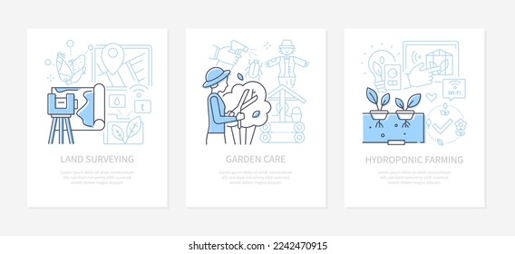 Encuesta de tierras - banderas de diseño de líneas con lugar para texto. Cuidado de los jardines y agricultura hidropónica. Mapa y ubicación, bueno, espantapájaros, tratamiento de insecticidas, jardinero, brotes y pastoreo
