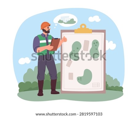 Land surveying and site inspection. Engineer reviewing land plot plan, property development assessment, terrain management analysis, project building planning, vector cartoon flat isolated concept