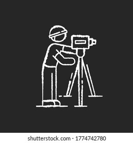 Land surveyor chalk white icon on black background. Measure alignment. Civil engineering specialist. Topography work professional. Measure land level. Isolated vector chalkboard illustration