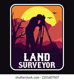 Land Surveyor Emblem Patch Logo Poster Label Vector Illustration Retro Vintage Badge Sticker And T-shirt Design