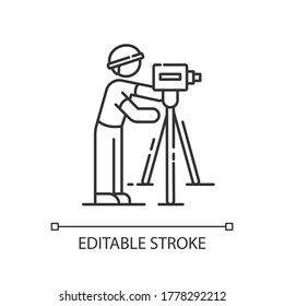 Land surveyor pixel perfect linear icon. Measure alignment. Civil engineering specialist. Thin line customizable illustration. Contour symbol. Vector isolated outline drawing. Editable stroke