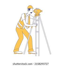 Land surveyor semi flat color vector character. Posing figure. Full body person on white. Man with total station simple cartoon style illustration for web graphic design and animation