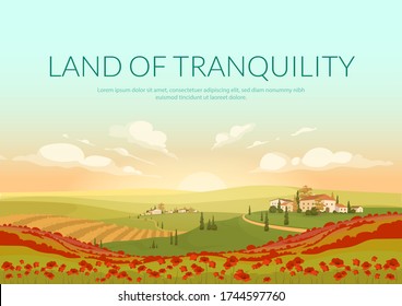 Land of tranquillity poster flat vector template. Italian village landscape Brochure, booklet one page concept design with illustration. Classic Tuscan scenery flyer, leaflet