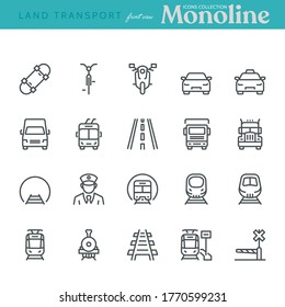 Land Transport Icons, oncoming/front view,  Monoline concept. The icons were created on a 48x48 pixel aligned, perfect grid, providing a clean and crisp appearance. Adjustable stroke weight.