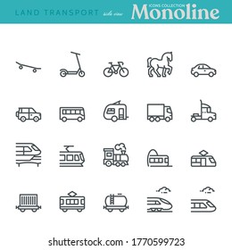 Land Transport Icons, side view,  Monoline concept. The icons were created on a 48x48 pixel aligned, perfect grid, providing a clean and crisp appearance. Adjustable stroke weight.