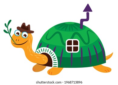 Land turtle in a hat with a shell house. Hand drawn flat cartoon. Vector illustration on white background.