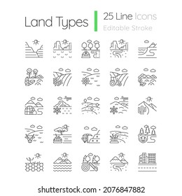 Land types linear icons set. Biome diversity. Hot and cold climate zones. Agriculture and industry areas. Customizable thin line contour symbols. Isolated vector outline illustrations. Editable stroke