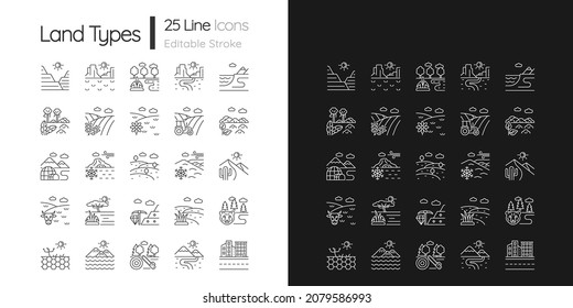 Land types linear icons set for dark and light mode. Biome diversity. Hot and cold regions. Climate zones. Customizable thin line symbols. Isolated vector outline illustrations. Editable stroke