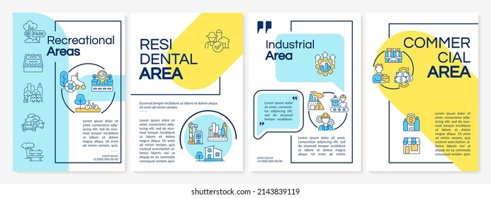 Land use classification blue and yellow brochure template. Commercial areas. Leaflet design with linear icons. 4 vector layouts for presentation, annual reports. Questrial, Lato-Regular fonts used