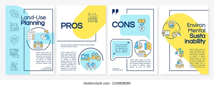 Land use planning process blue and yellow brochure template. Pros and cons. Leaflet design with linear icons. 4 vector layouts for presentation, annual reports. Questrial, Lato-Regular fonts used