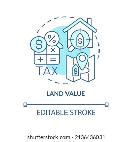 Land value turquoise concept icon. Land management practice abstract idea thin line illustration. Real estate taxation. Isolated outline drawing. Editable stroke. Arial, Myriad Pro-Bold fonts used