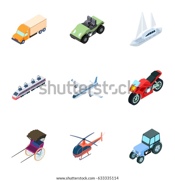 Land, water, air transport. Machines that\
people use.Transportation icon in set collection on cartoon\
isometric style vector symbol stock\
illustration.