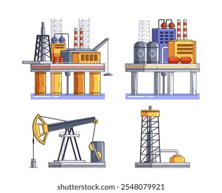 Land and water rigs, drilling platforms, mining automated basement isolated on white background