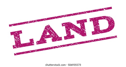 Land watermark stamp. Text caption between parallel lines with grunge design style. Rubber seal stamp with scratched texture. Vector purple color ink imprint on a white background.