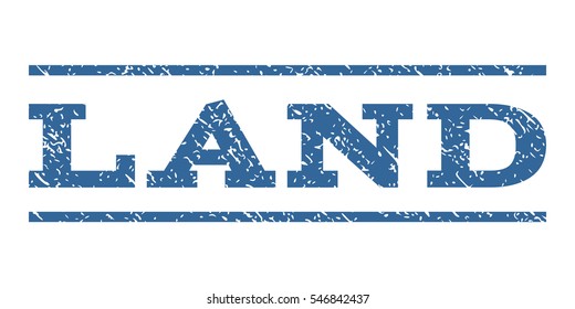 Land watermark stamp. Text caption between horizontal parallel lines with grunge design style. Rubber seal stamp with dirty texture. Vector cobalt color ink imprint on a white background.