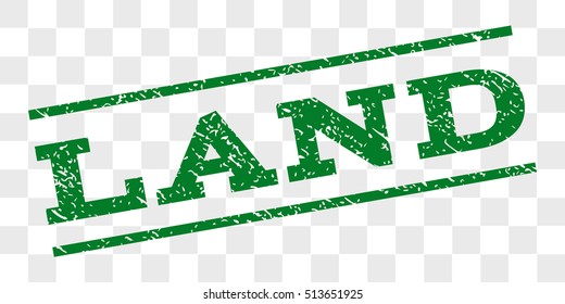 Land watermark stamp. Text tag between parallel lines with grunge design style. Rubber seal stamp with dust texture. Vector green color ink imprint on a chess transparent background.
