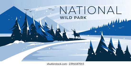 The land of the winter nature park. Mountain coniferous forest on the shore of the lake. Silhouette of a deer. Snowfall. Vector flat illustration