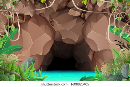 landcape of the cave at the river in the jungle