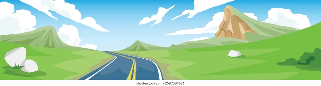 Landcape view of asphalt road that cuts through the grasslands. Background of mountain under blue sky and white clouds.