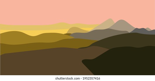 Landcape view of several mountains in the mainland with pink skies