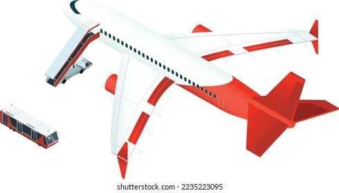 Landetes Flugzeug mit Einstiegsstufen. Isometrische Flughafenszene