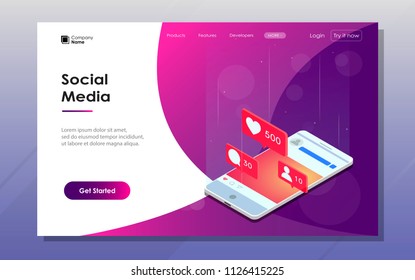 Landeng page. Social Media theme. Communication in social networks. Image of mobile phone with likes and subscribers. 3d isometric design. Perfect for banner, website and promotional materials.
