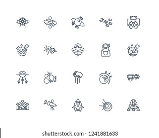 Lander, Black hole, Space shuttle, Telescope, Stargate, Generator, Astronaut, Meteor, Sputnik, Day and night, junk outline vector icons from 20 set