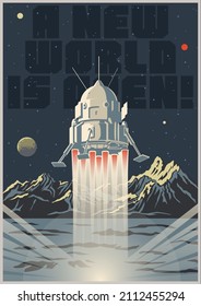 Lander and Unknown Planet's Surface, Retro Style Space Poster