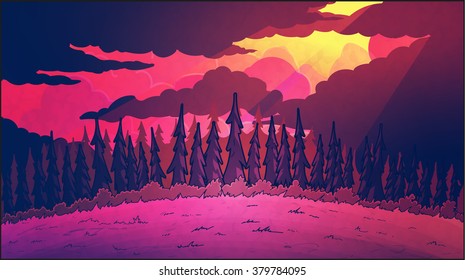 Landescape pink sunset in forest, through the clouds break through the rays of the sun.