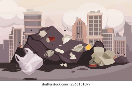 Landfill background. Horizontal mess of waste, dirty dumpster with garbage, urban public disposal. Vector illustration. Environmental pollution, cityscape with heaps of rubbish or trash