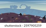 Landfill concept. Garbage heap with plastic, glass, paper and organic trash. Dump truck and excavator standing on pile of waste. Environmental flat or cartoon vector landscape. Polluted junkyard.