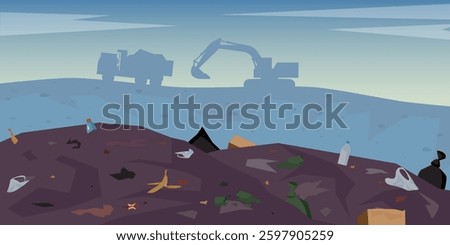 Landfill concept. Garbage heap with plastic, glass, paper and organic trash. Dump truck and excavator standing on pile of waste. Environmental flat or cartoon vector landscape. Polluted junkyard.