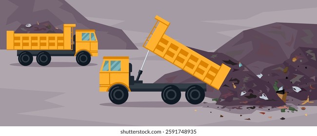 Landfill full of garbage. Dump truck unloading waste. Big junk pile with organic, plastic, glass, paper trash. Environmental flat or cartoon vector landscape. Polluted city junkyard.