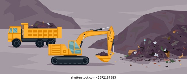 Landfill full of garbage. Excavator grabbing waste and loading it to dump truck. Pile of organic, plastic, glass, paper trash. Environmental flat or cartoon vector landscape. Polluted city junkyard.