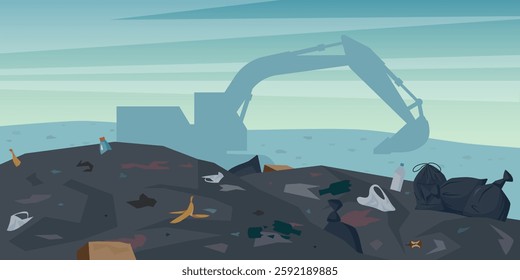 Landfill full of garbage. Huge trash pile with organic, plastic, glass, paper waste. Environmental flat or cartoon vector landscape. Polluted city junkyard. Design for environmental graphics.