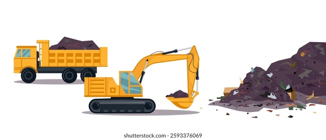 Landfill with garbage. Excavator grabbing waste and loading it to dump truck. Pile of organic, plastic, glass, paper trash. Environmental flat or cartoon vector isolated landscape. Polluted junkyard.