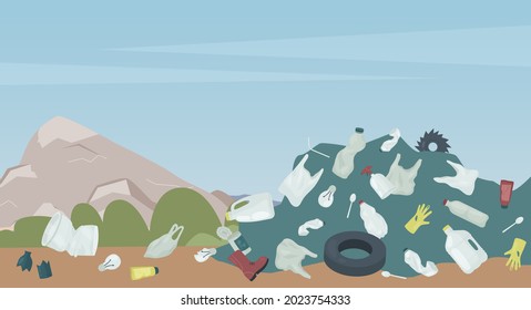 Landfill with garbage, waste dump in nature landscape, pollution environmental problem vector illustration. Cartoon dirt mound of plastic bottles, glass debris, heap of tire boots gloves background