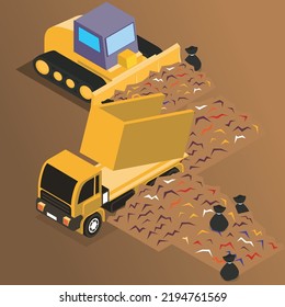 Landfill landscape with trash piles, bulldozer and garbage truck isometric 3d vector illustration concept for banner, website, illustration, landing page, flyer, etc.