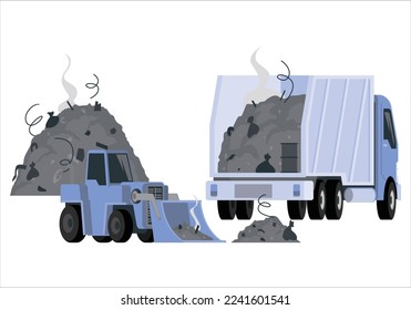 Landfill landscape with trash piles, bulldozer and garbage truck. Plastic pollution and waste recycling process. Garbage dump vector concept. Illustration of landfill garbage and trash garbage truck.