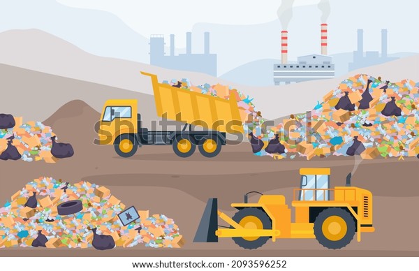 Landfill\
landscape with trash piles, bulldozer and garbage truck. Plastic\
pollution and waste recycling process. Garbage dump vector concept.\
Illustration of landfill garbage and\
trash