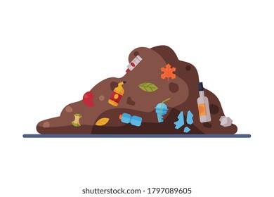 Landfill, Pile Of Unsorted Garbage Flat Style Vector Illustration On White Background