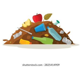 Landfill pile of unsorted garbage flat style vector illustration isolated on white background perfect for environment pollution awareness recycling or waste management themed artwork